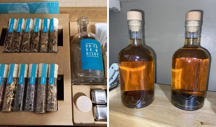 A DIY whiskey making kit with bottles, a unique last minute Father's Day gift for enthusiasts.