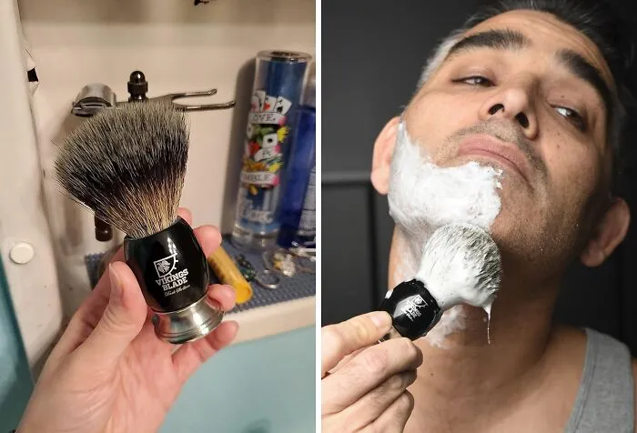 A man shaving with a brush, a thoughtful last minute Father's Day gift for grooming.