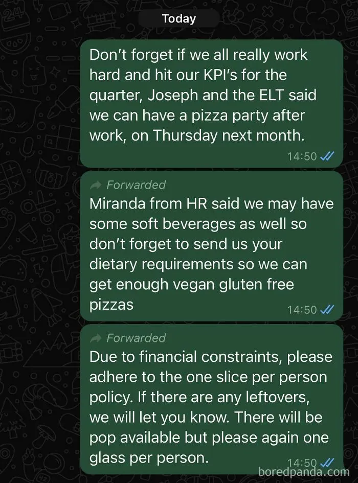 WhatsApp message describing limited pizza party with strict one slice and drink policy