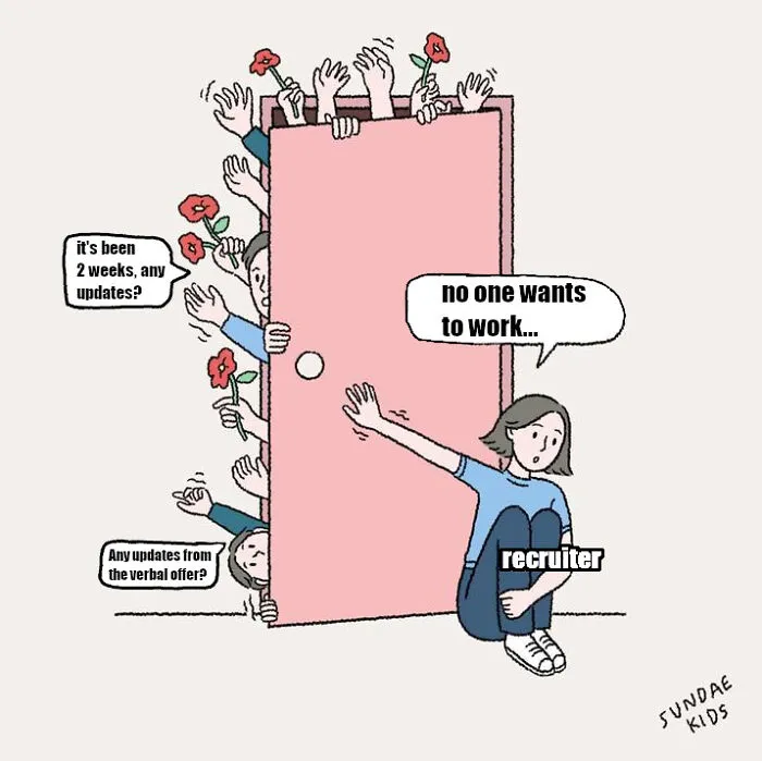 Cartoon of a recruiter blocking a door with eager job seekers pushing through, illustrating job hunting frustrations.