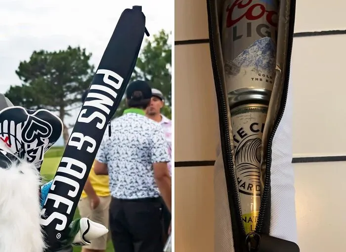 A PINS & ACES golf cooler bag filled with drinks, a perfect last minute Father's Day gift for golf enthusiasts.