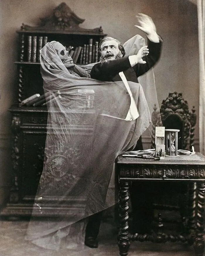 Double-Exposed Photograph Of French Illusionist Henri Robin With A Ghost⁣. Photo:  Eugène Thiébault, 1863