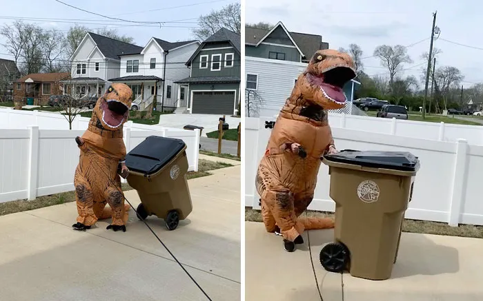 Mi vecina me hizo fotos sacando la basura con mi disfraz de dino