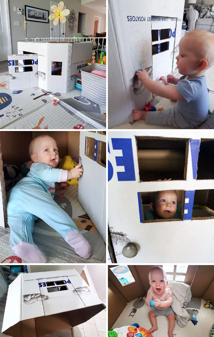 No compro una casa de juegos, solo corto ventanas y una puerta en un contenedor grande de papas de Costco