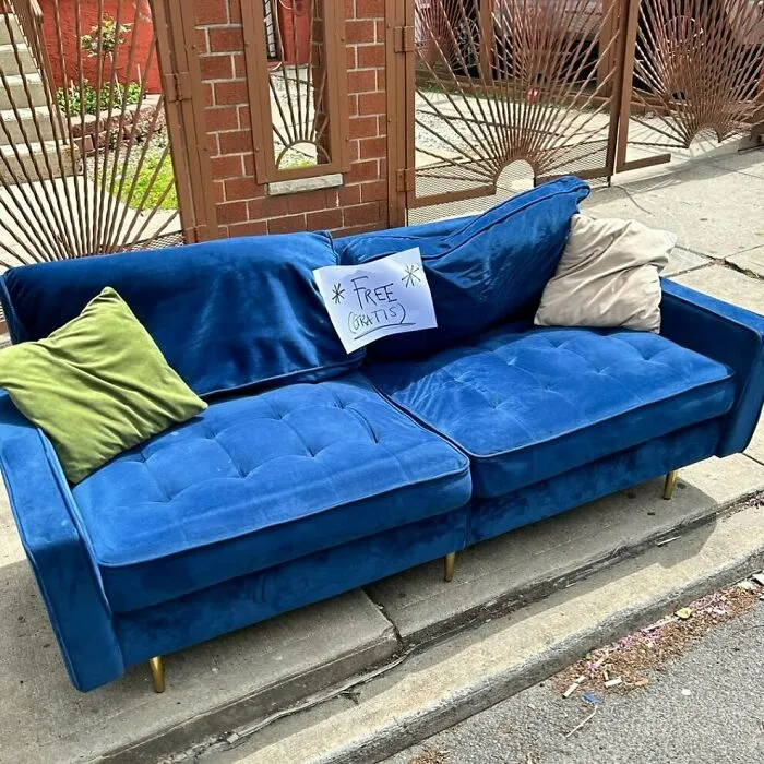 Gorg And “Gratis” Blue Velvet Couch On Jefferson Street Between Wilson And Knickerbocker