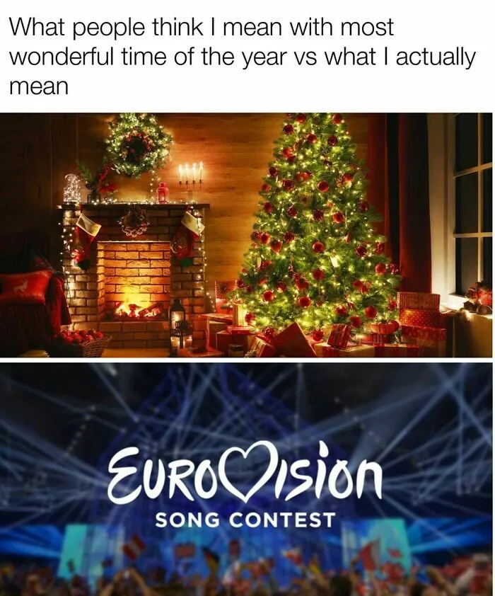 Meme contrasting Christmas decor with the Eurovision Song Contest theme for 2024 humor.