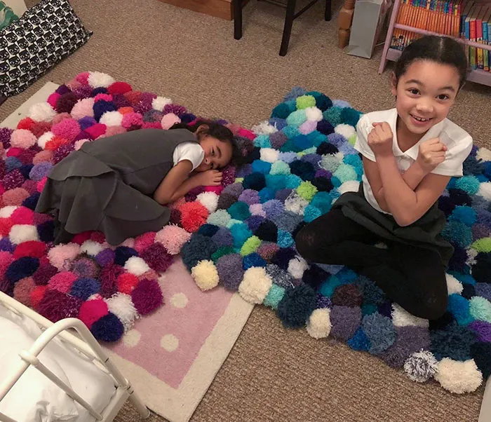 My Mom Made My Girls A Pom-Pom Rug Each. It Took 80 Hours And 320 Pom-Poms, And They Chose Their Favorite Colors. Just Missed Christmas, But They Are Ecstatic Nonetheless