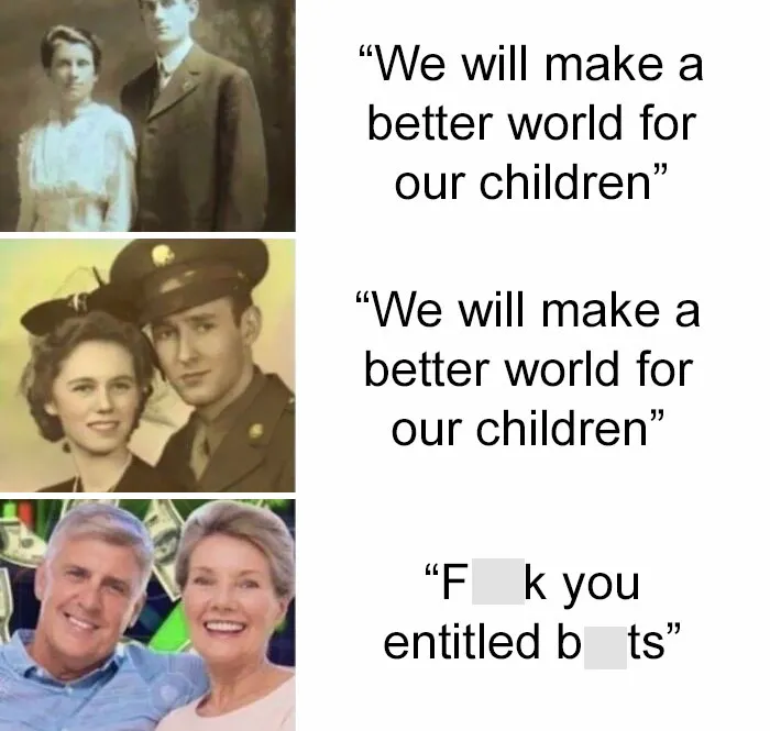 Funny family meme showing generations with humorous quotes about children.