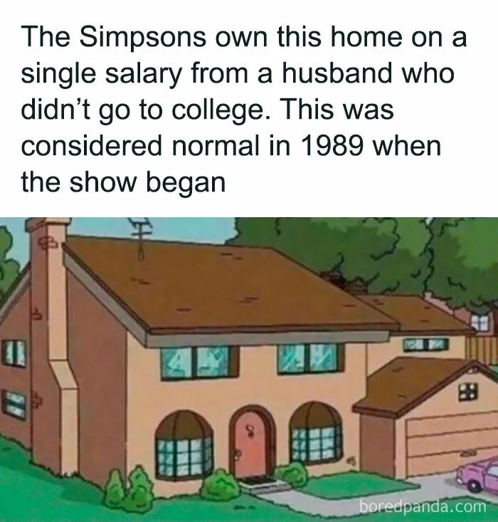 Cartoon house with text about family life and economic norms in 1989 related to a single income household.