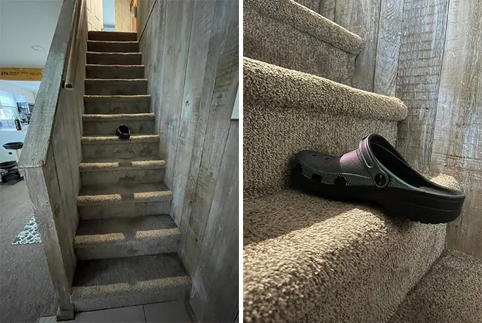 I Have Fallen Down These Bastards Twice, Which Was Two Times Too Many.  Now I Climb Down Them Backwards Like A Ladder. Our House Is A Very Old Cape Cod And My Office Is On The Second Floor So I Am Upstairs Every Day.  As You Can See They Are Very Steep, And The Step Is Very Narrow, Women’s Size 9 Croc For Comparison