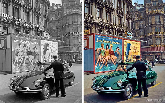 Traffic Officer Ticketing A Badly Parked Car On The Champs Elysées, Paris.  Photographed In 1960