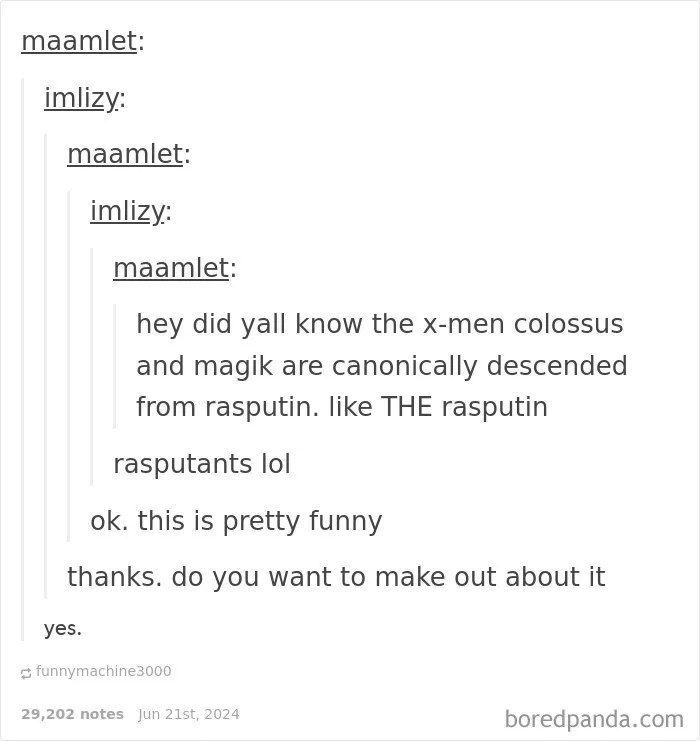 Funny threaded replies discussing X-Men characters descended from Rasputin, showcasing humorous conversation in a social media post.
