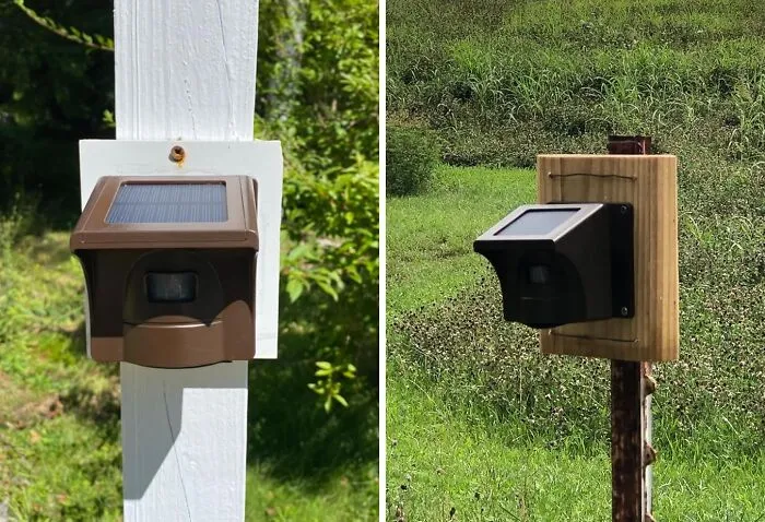 Solar-powered outdoor motion sensors mounted on posts, a useful last minute Father's Day gift for home security.