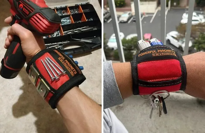 A man wearing a magnetic wristband, holding screws and keys, a thoughtful last minute Father's Day gift for DIY dads.