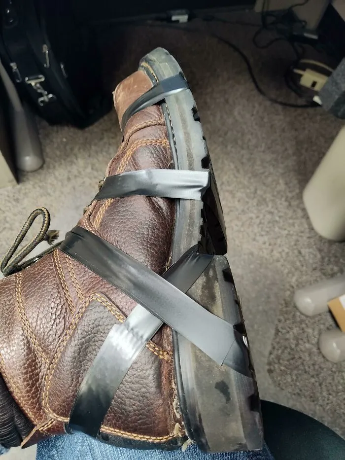 Boot Glue Didn't Hold, So I'm Making It Through The Day This Way