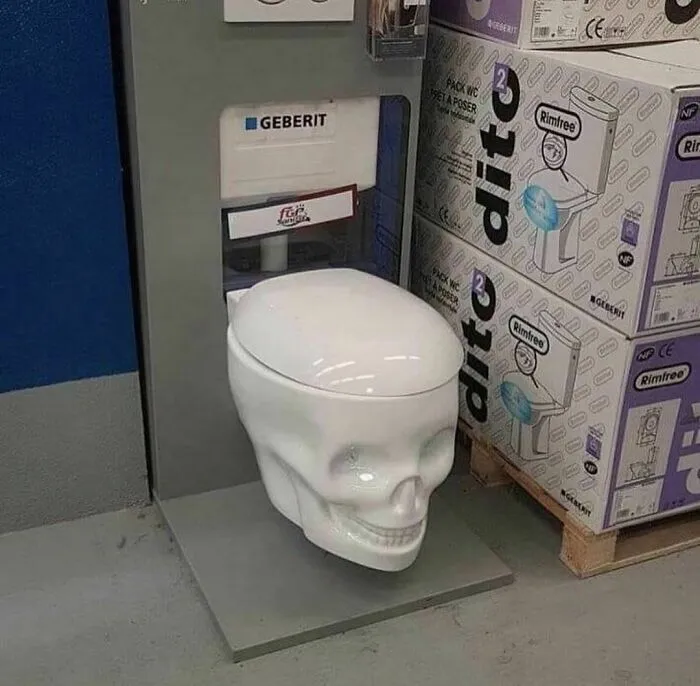 Inodoro con diseño de calavera blanco, imagen horrible pero divertida que puede causar incomodidad visual.