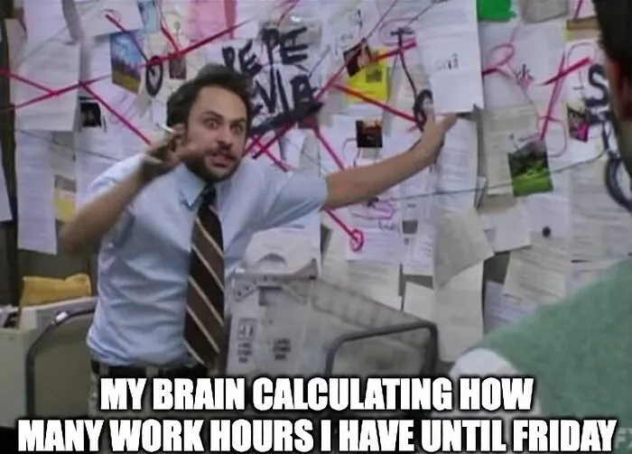 Man gesturing at chaotic board, humorously calculating work hours left until Friday. Happy Friday meme.