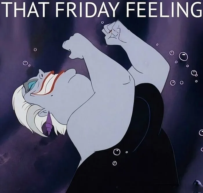 Animated character joyfully raising arms, capturing "That Friday Feeling," illustrating happy Friday memes.