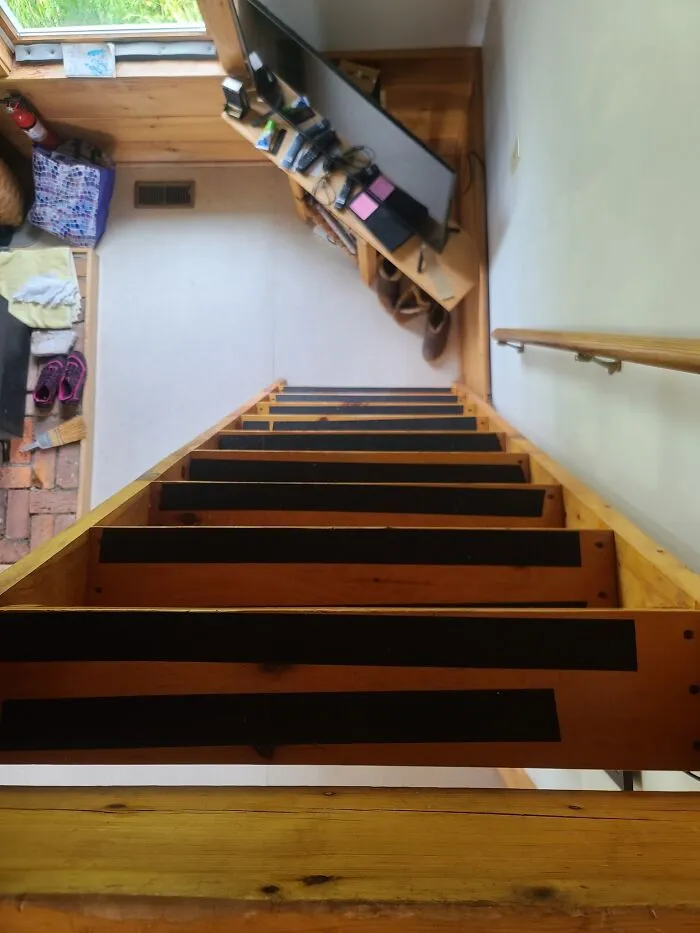 Pictured: The Stairs That Almost Killed My Boss. Picture Taken After I Mopped Up The Blood And Added Tread Tape.