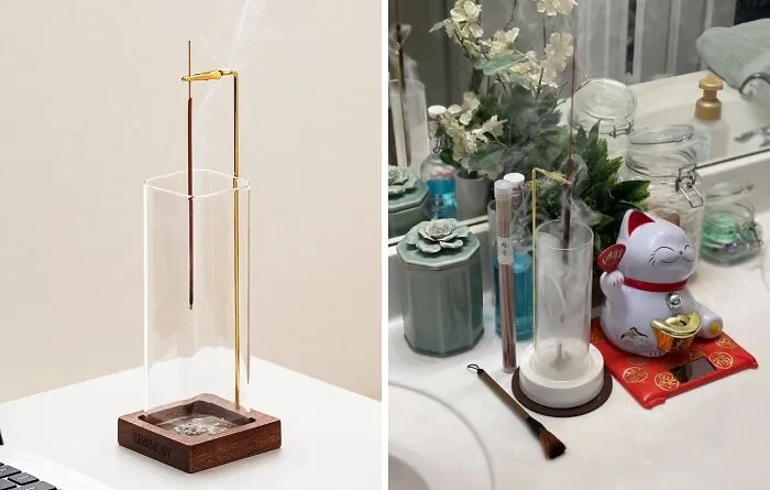 This <span Style="Font:inherit;color:#d74b1f;">  Wooden Incense Holder With A Glass Ash Catcher  </Span> Is A Much More Stylish Version Than The Flat Wooden Kind That Is Sure To Cause A Mess