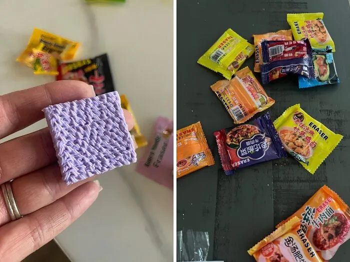 Unique work supplies shaped like instant noodle blocks and packaged like snacks.