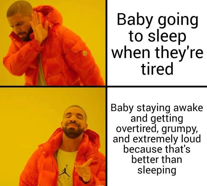 Dad reacting humorously to babies refusing to sleep and becoming grumpy and loud when overtired, capturing dad life moments.