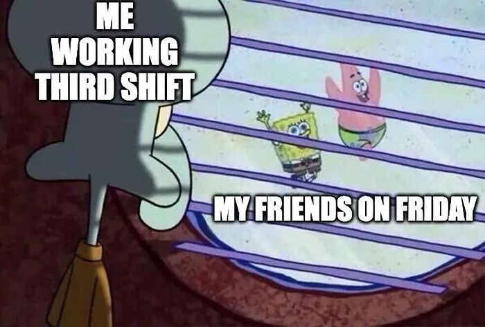 Squidward looks out window at SpongeBob and Patrick celebrating, illustrating a funny Friday meme.