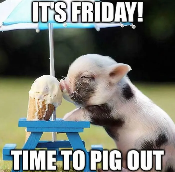 Cute pig with ice cream under an umbrella enjoying the weekend, with "It's Friday!" text above. Happy Friday memes theme.