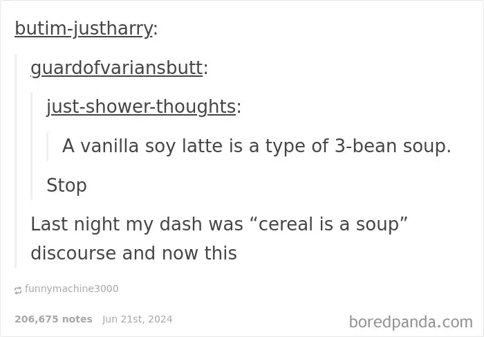 Humorous social media replies comparing vanilla soy latte and cereal to types of soup in funny online discussion.