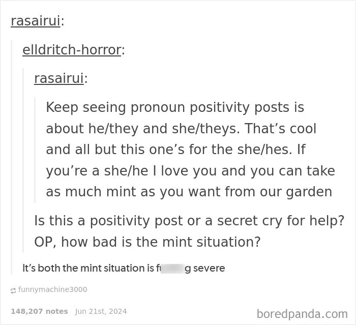 Screenshot of a humorous social media reply about pronoun positivity and a mint situation that is funnier than the original post.