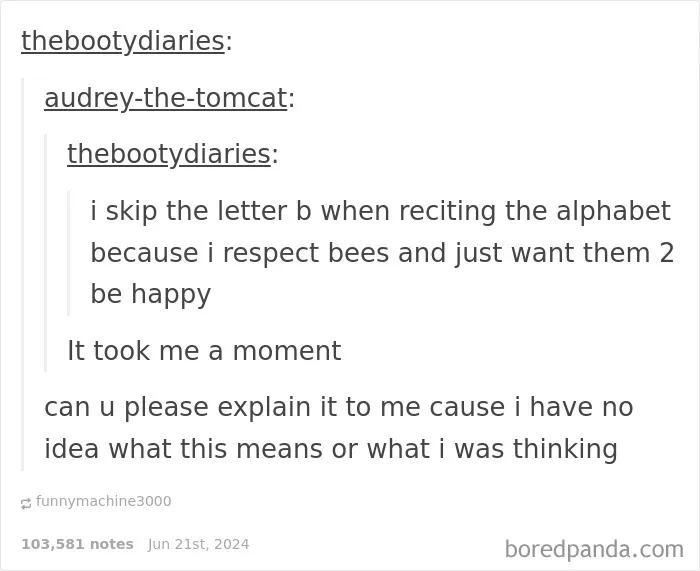 Screenshot of a humorous online reply about skipping the letter B to respect bees, in a collection of funny replies.