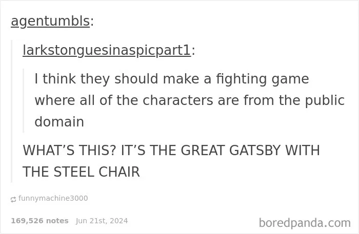 Tumblr post showing a witty reply about a fighting game with public domain characters, highlighting funny replies.