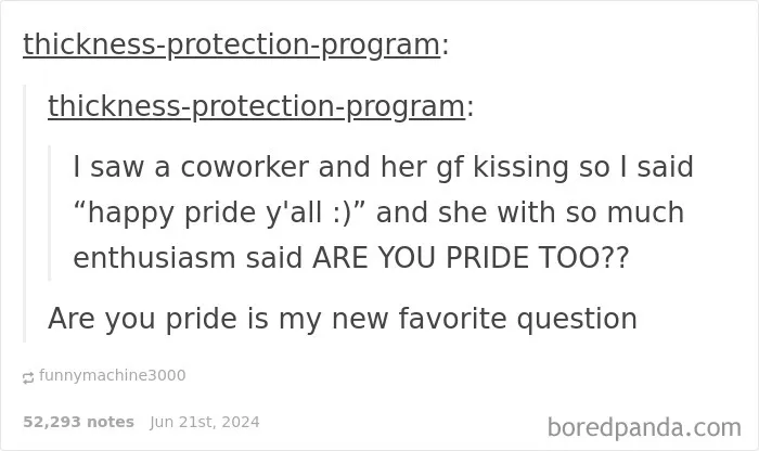 Screenshot of a funny social media reply where someone humorously misunderstands a Pride greeting, showing clever replies.