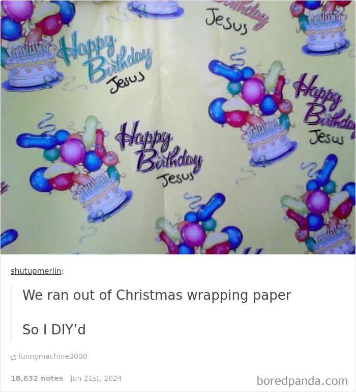 Wrapping paper with colorful balloons and cake, featuring a funny DIY twist for birthday celebration replies.
