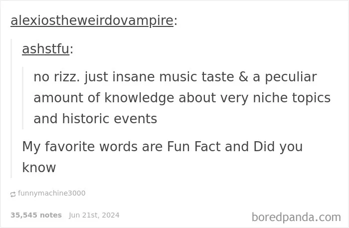 Text reply thread showing a humorous comment with niche knowledge and favorite words fun fact and did you know.
