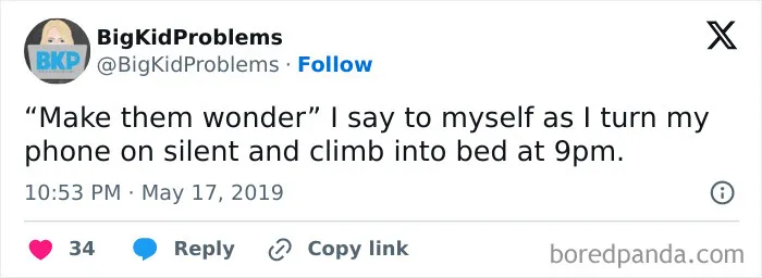 Relatable meme about turning phone on silent and going to bed early.