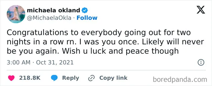 Tweet meme about going out two nights in a row, highlighting relatable humor.