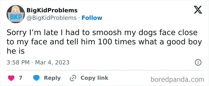 Relatable meme text about being late due to telling a dog he's a good boy multiple times.