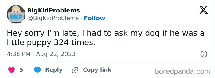Relatable meme about being late because of asking a puppy question repeatedly.