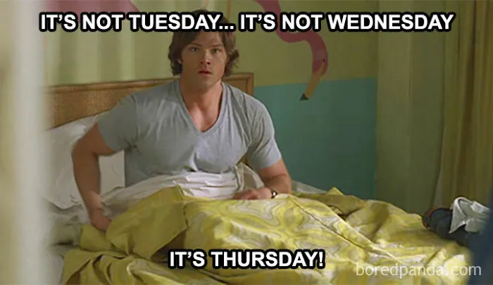 Man in bed looking surprised with text about Thursday, a meme to get you excited for the weekend.