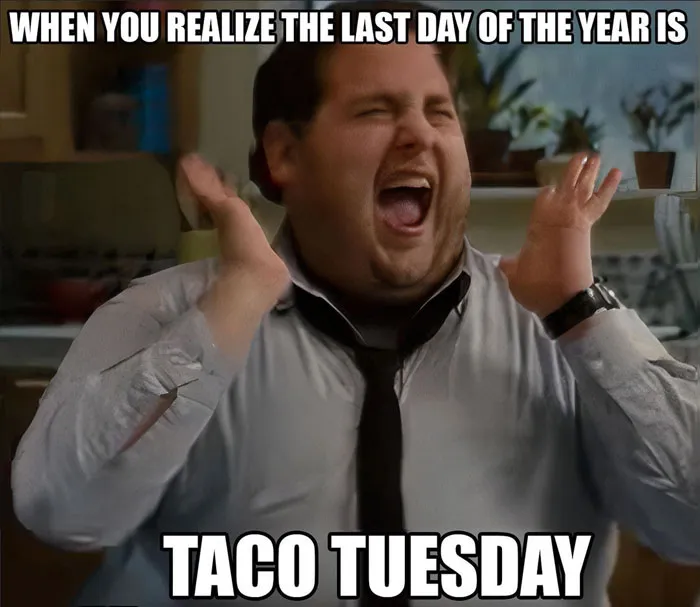 Man joyfully reacting to Taco Tuesday meme, expressing happiness and humor for Tuesday.