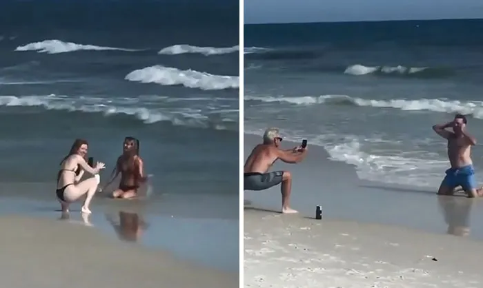 Papás ​​imitando a sus hijas en la playa