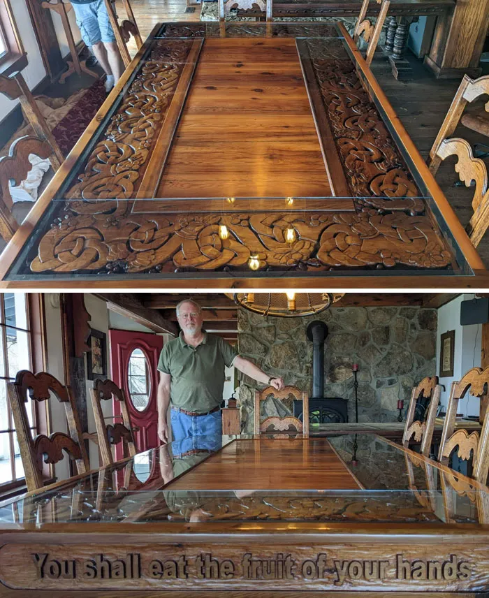 17-Year Celtic Knot Table Project Involving 2 Generations. Dedicated To My Wife Susan Who Died Of Cancer And Never Got To Meet Her 30 Grandchildren. Western Red Cedar. Arm-R-Seal Satin. Base Pedestal Made Of Reclaimed Timber From A Western Sizzler Fire