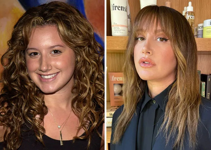 Ashley Tisdale before and after plastic surgery. Young with curly hair, and current with straight hair and bangs.
