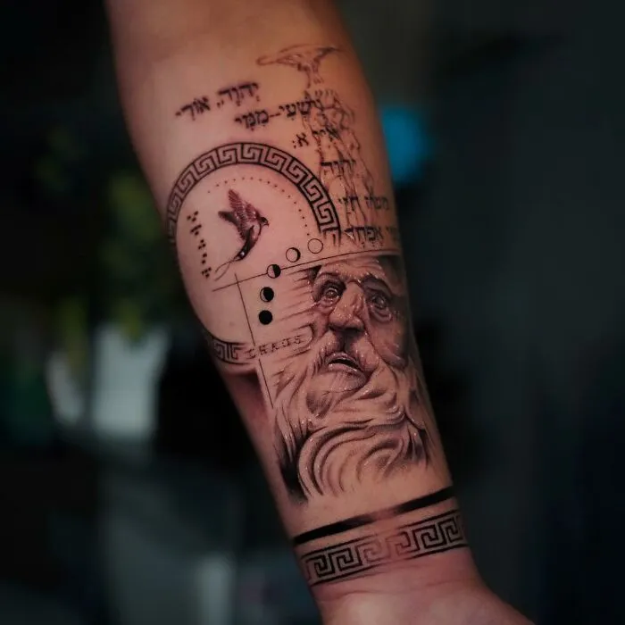 Single needle tattoo of a bearded face and bird, with geometric patterns and text, on a forearm.