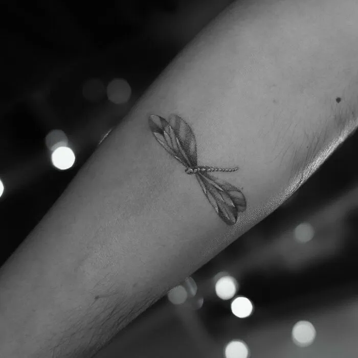 Single needle tattoo of a dragonfly on an arm, showcasing intricate design work.