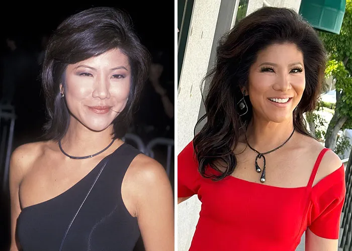 A split image shows Julie Chen before and after plastic surgery. On the left, she wears a black dress; on the right, a red dress.
