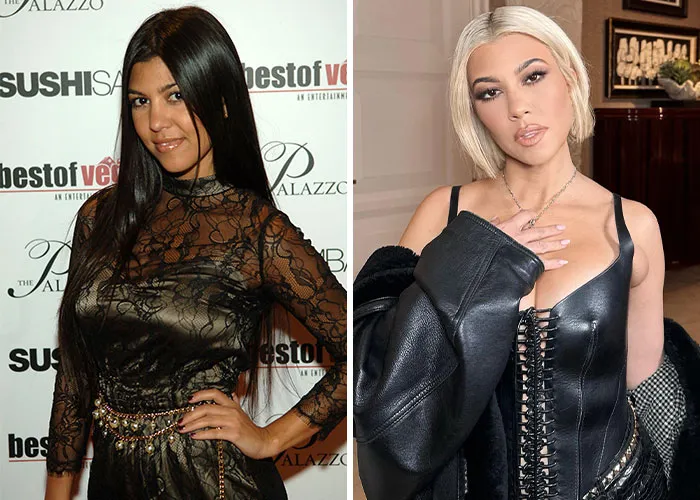 Kourtney Kardashian before and after plastic surgery, showcasing dark hair and a lace top versus blonde hair and a leather corset.