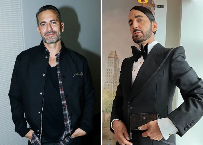 Marc Jacobs before and after plastic surgery. Left: casual look. Right: formal suit, styled hair, holding a clutch.