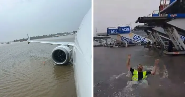 After Airport Floods, Hilarity Ensues As Workers Clean Up Water With Brooms, Swim On The Tarmac